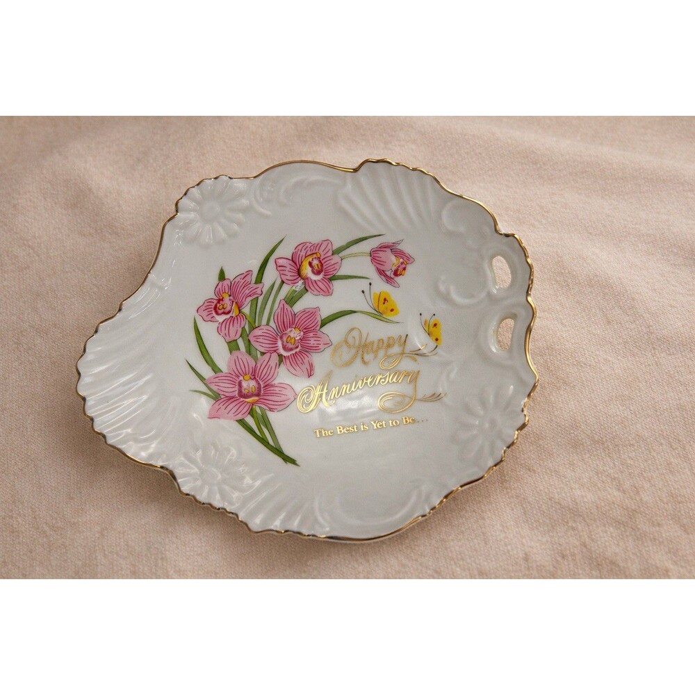 Happy Anniversary Collector Plate Porcelain Floral Design Gold Trim Irregular